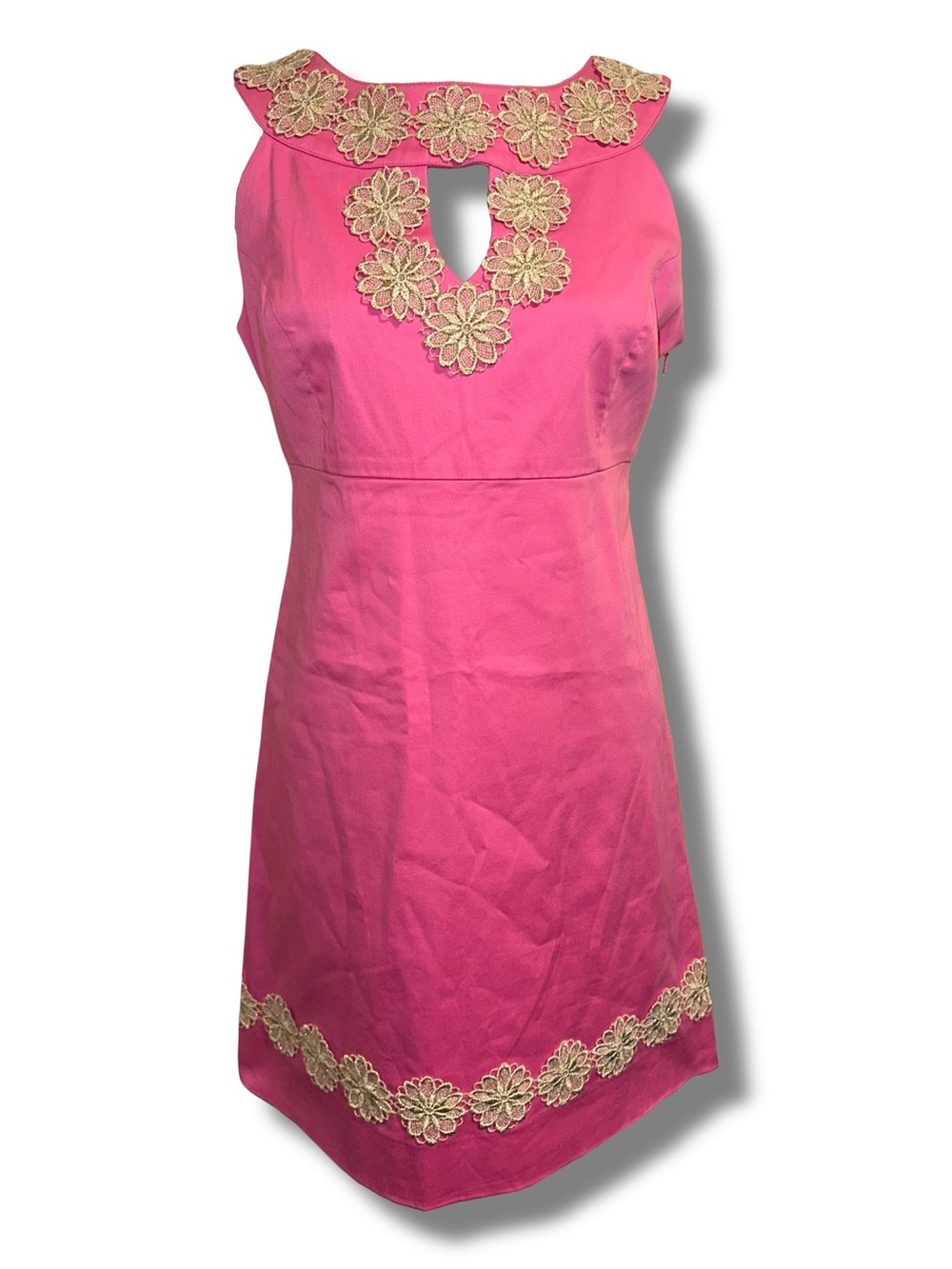 Lilly Pulitzer Hot Pink Shift Dress with Gold Floral Appliqué Trim